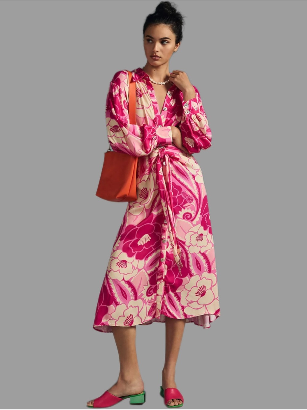 Farm Rio Pink & Cream Silky Tropical Floral Print Groove Midi Shirt Dress Size S